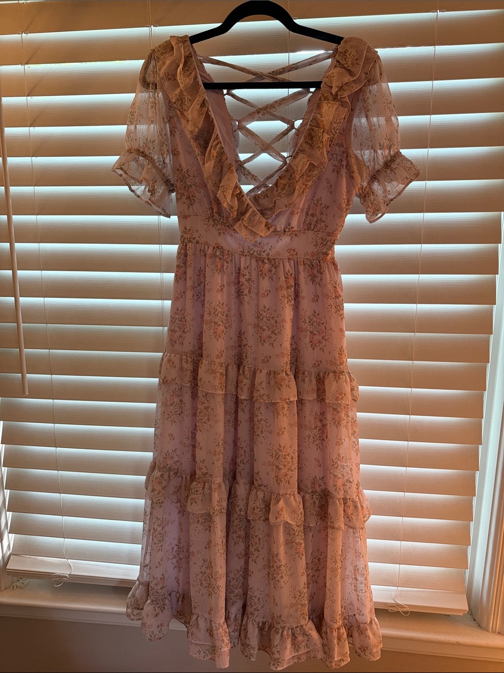 Altar'd State Light Purple Floral Lace-Up Ruffle Midi Dress